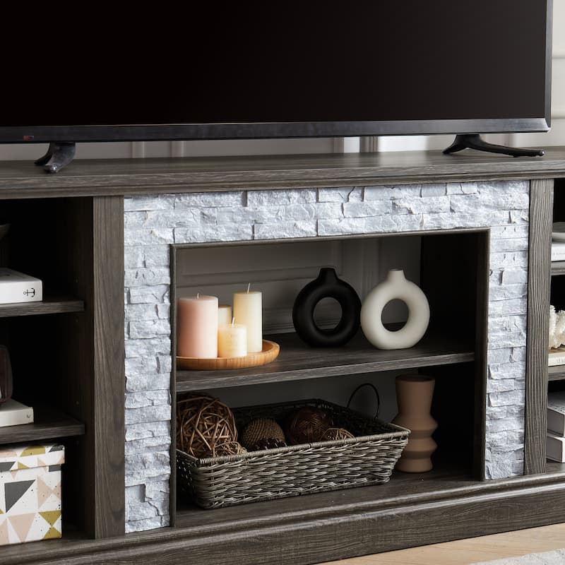 TV Media Stand with Faux Stacked Stone, Console Table with Large Storage Cabinet, Media Entertaionment Stand with Shelves