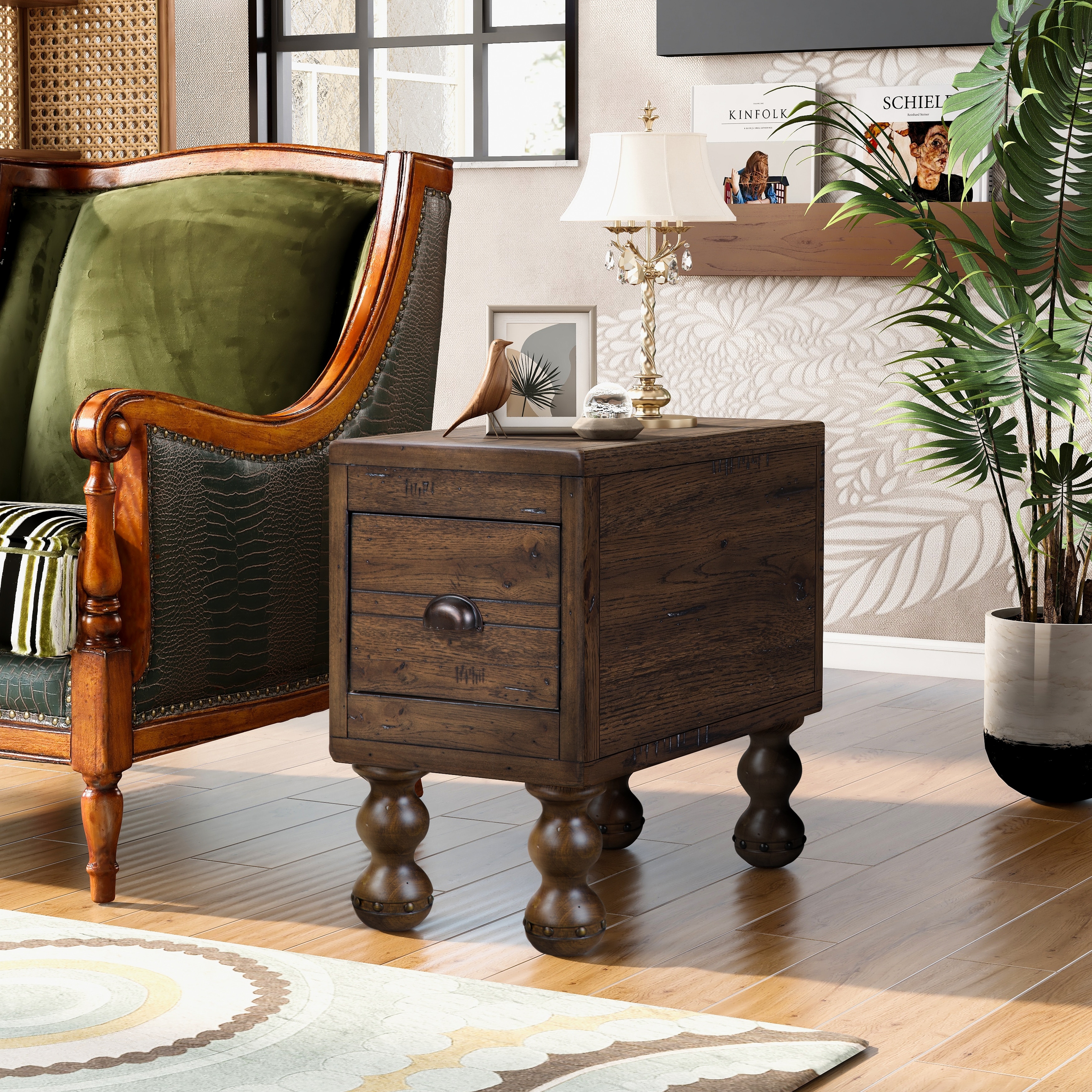 Vintage Rustic Farmhouse Nightstand, Rectangle Narrow Side Table with Drawer, Wooden Table Sides with Solid Wood Legs