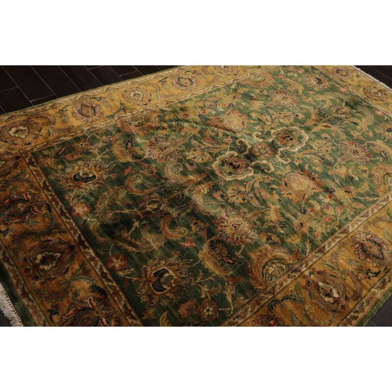 6'3''x9'3'' Hand Knotted Wool Green Plush Pile Traditional Botanical Agra Gold Wash Silky Sheen Rug - 6' 3'' x 9' 3''