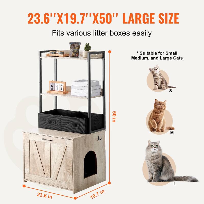 Natural MDF Hidden Cat Litter Box Enclosure Furniture with 2 Open Shelves and 2 Baskets