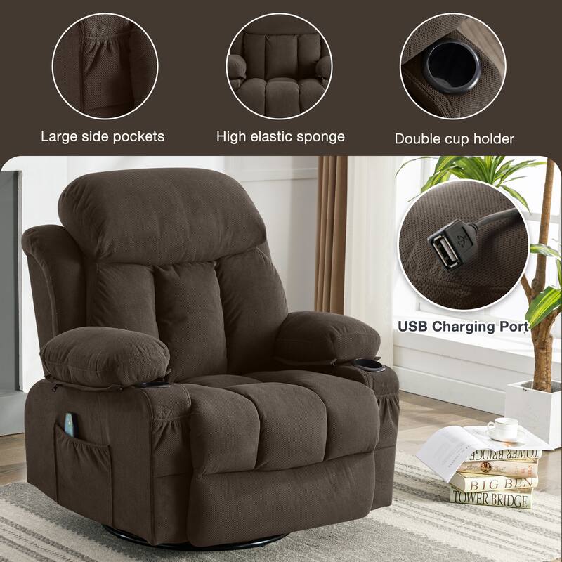Swinging Recliner Massage Heated Sofa with USB, Cup Holders, Side Pockets, Eight Acupoint Massage