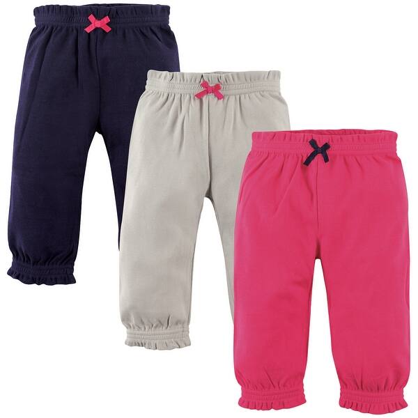 slide 1 of 1, Hudson Baby Infant Girl Cotton Pants 3pk, Pink, Gray Navy 0-3 Months - Pink, Gray Navy
