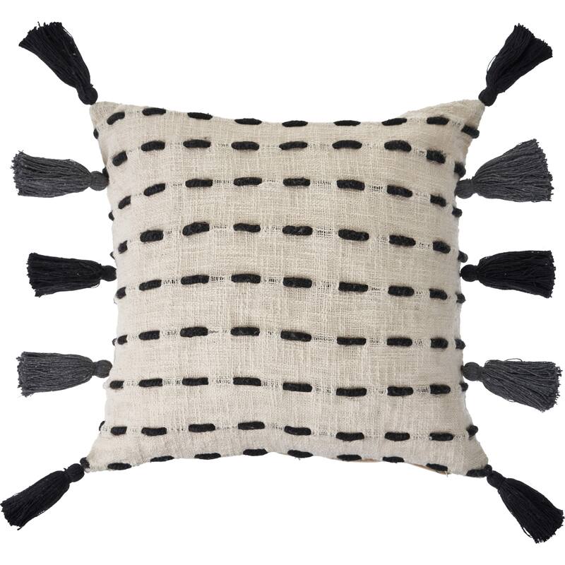 Handwoven Stitched Stripe Square Throw Pillow with Tassels - 20" - Black and Cream