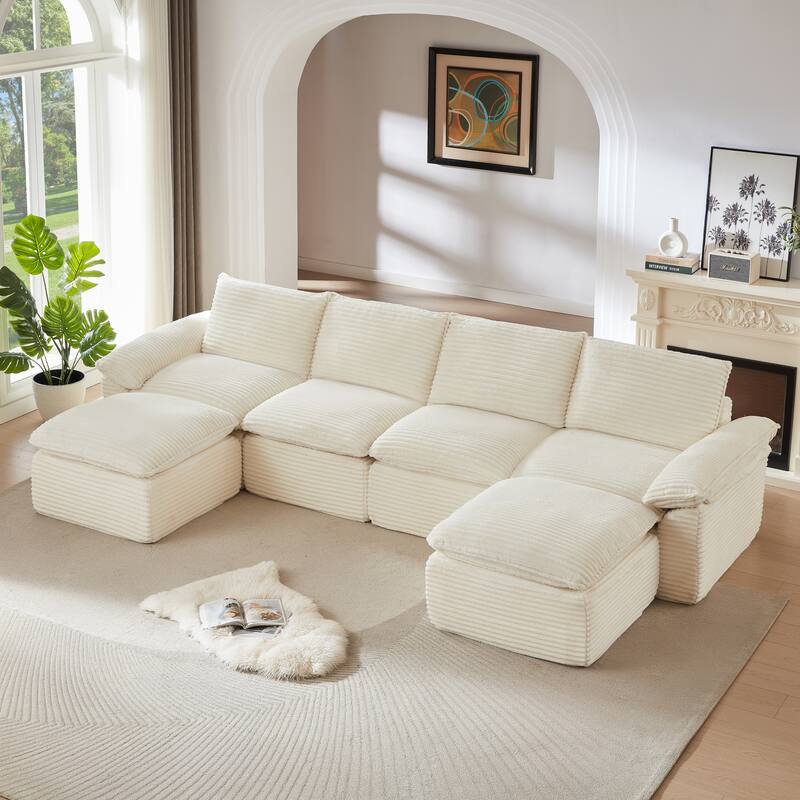 U-Shaped Sectional Sofa with 2 Ottomans, Oversized Corduroy Upholstered Cloud Sofa, Corner 6 Seater Sofa with Pillows