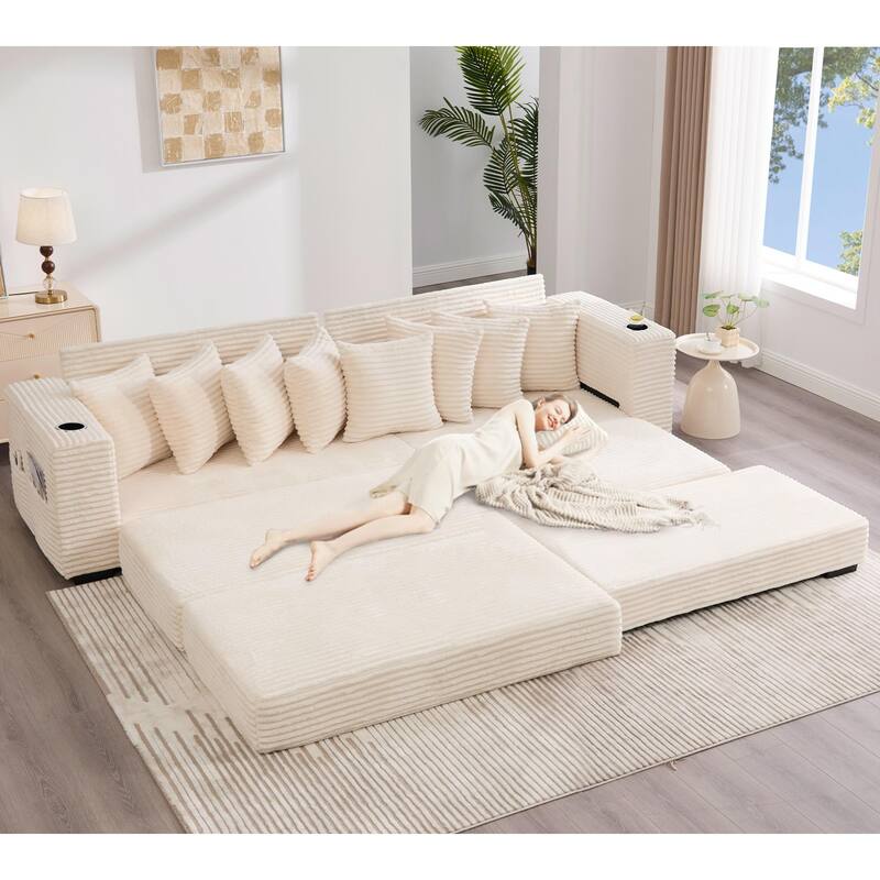 110.75" Corduroy Sectional Sofa, Convertible Sleeper Sofa Bed L-Shaped Upholstered Couch with Removable Footstool, Cup Holder