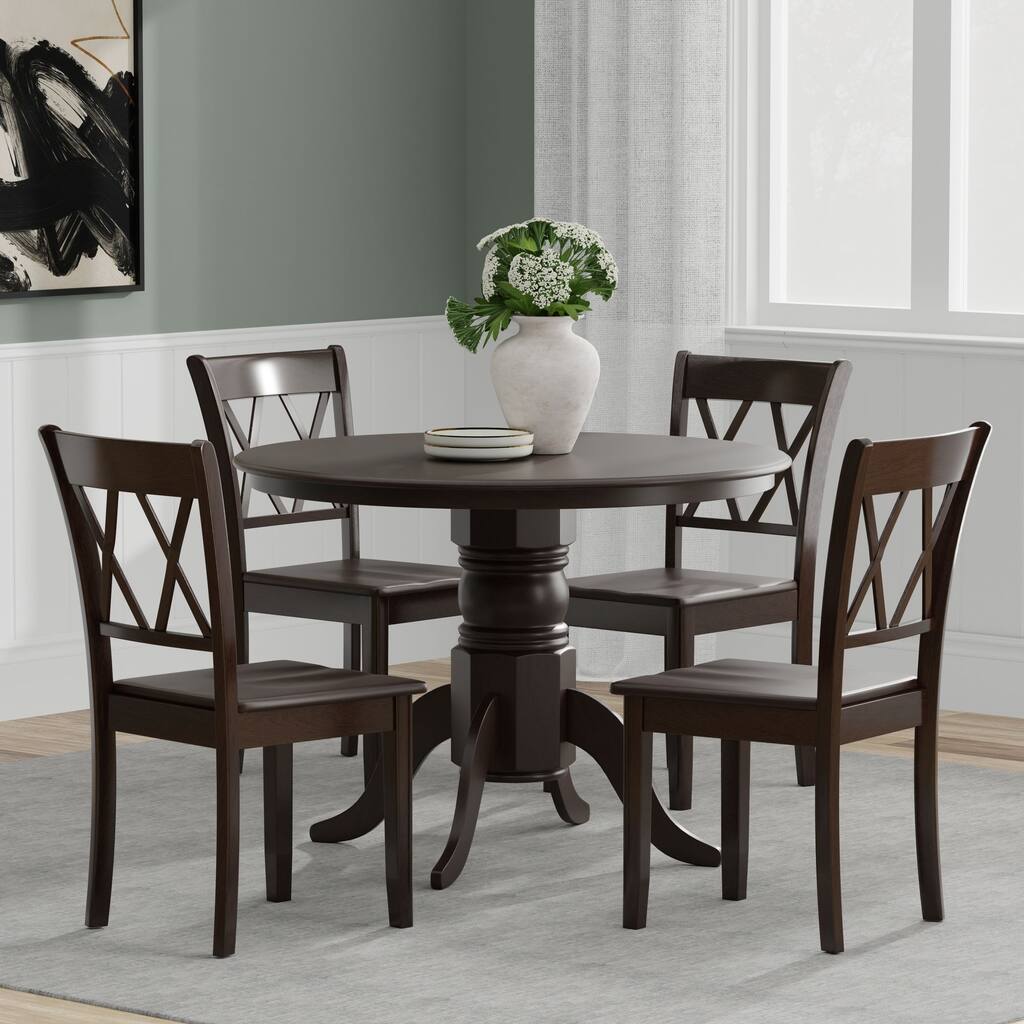 5-Piece Dining Set, 42" Round Pedestal Table and Double X-Back Chairs