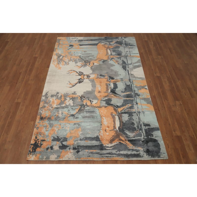 Hand Knotted Oriental Viscose Silk Carpet Modern Animal Pictorial Multi-Colored Abstract Area Rug - 7' 10'' X 4' 11''