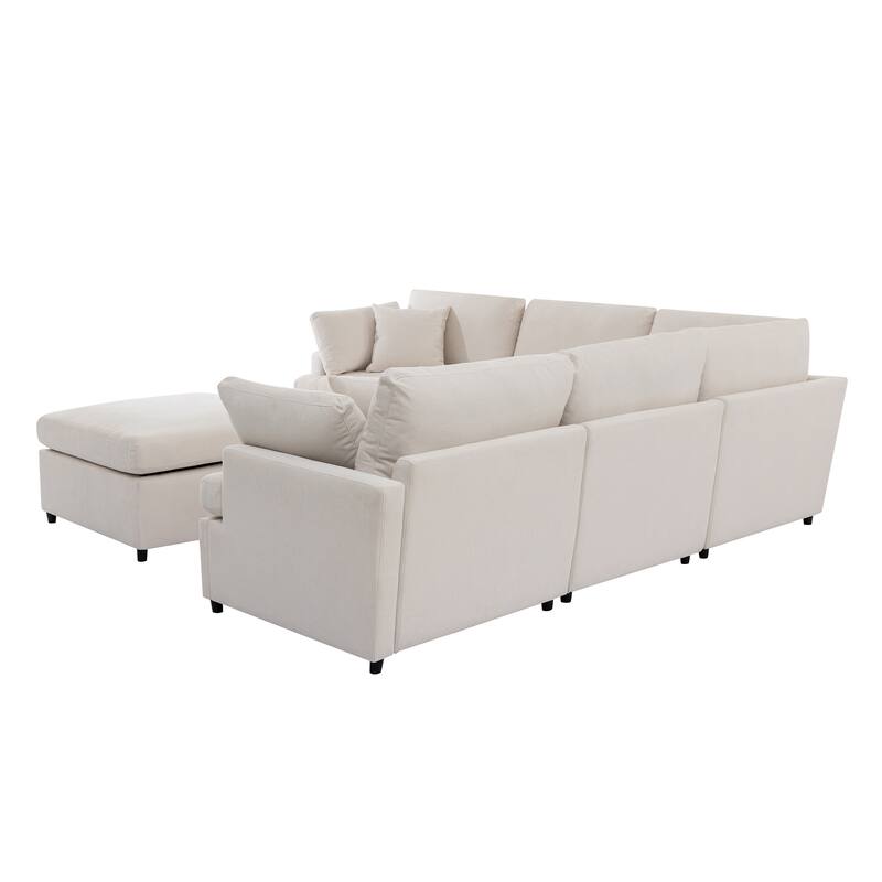 Upholstered Sectional Sofa Recliner Sofa with Removable Ottoman, U-Shape 6 Seat Sectional Couch with 4 Throw Pillow