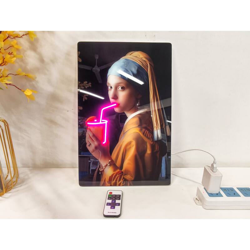 Neon Style LED Wall Art - Girl with a Pearl Earring Acrylic Print with Lighted Drink Effect