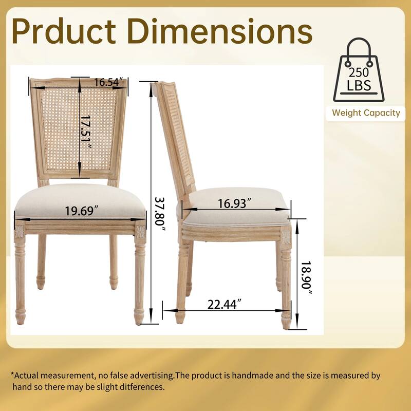French Dining Chairs Set of 2, Upholstered Chairs with Nature Rattan T-shaped Back, carving techniques ,Disassemblable