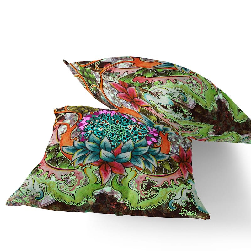 HomeRoots Set of Two 16" X 16" Green and Pink Blown Seam Floral Indoor Outdoor Throw Pillow - 16.00' X '16.00' X '5.00