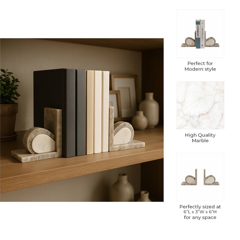 Modern Onyx and Marble Bookends - Set of 2, 6", Beige & Ivory - 6.0"