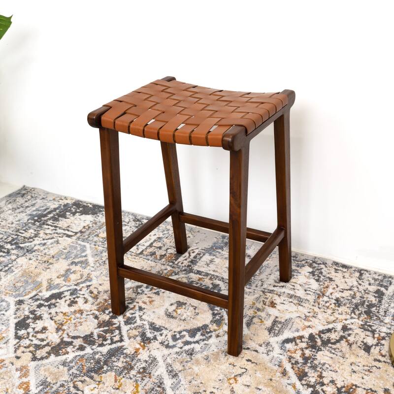 GDFStudio - James Mid-Century Modern 23.6"H Counter Stool with Solid Wood Frame & Genuine Leather Upholstery