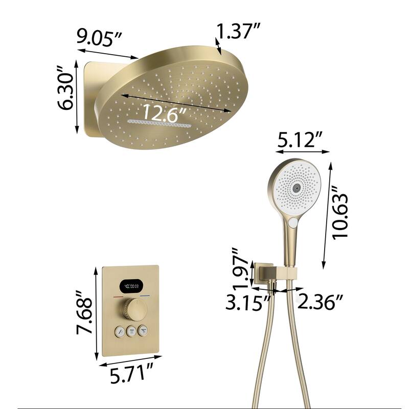 Wall Mounted Thermostatic Shower Faucet with Hand Shower Brushed Gold Rain Waterfall Complete Shower System with Brass Valve