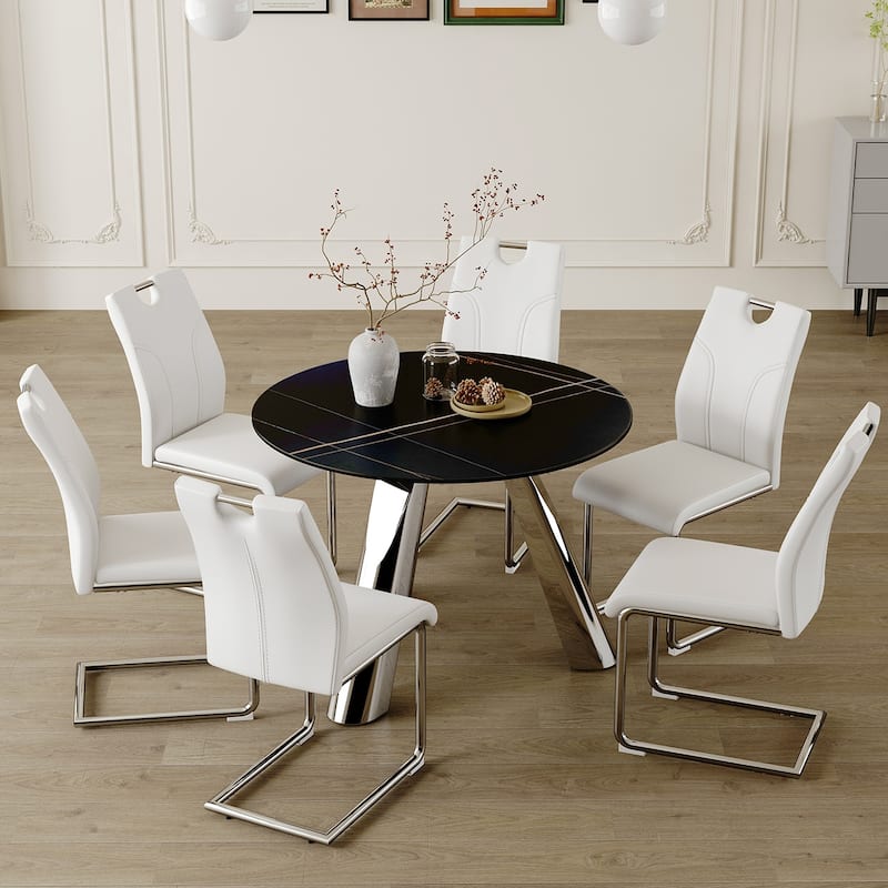 Roomfitters Round Dining Table with 4/6 White Chairs, Stainless Steel Legs, Sintered Stone Black Table Top - White+Black (6 Chairs)