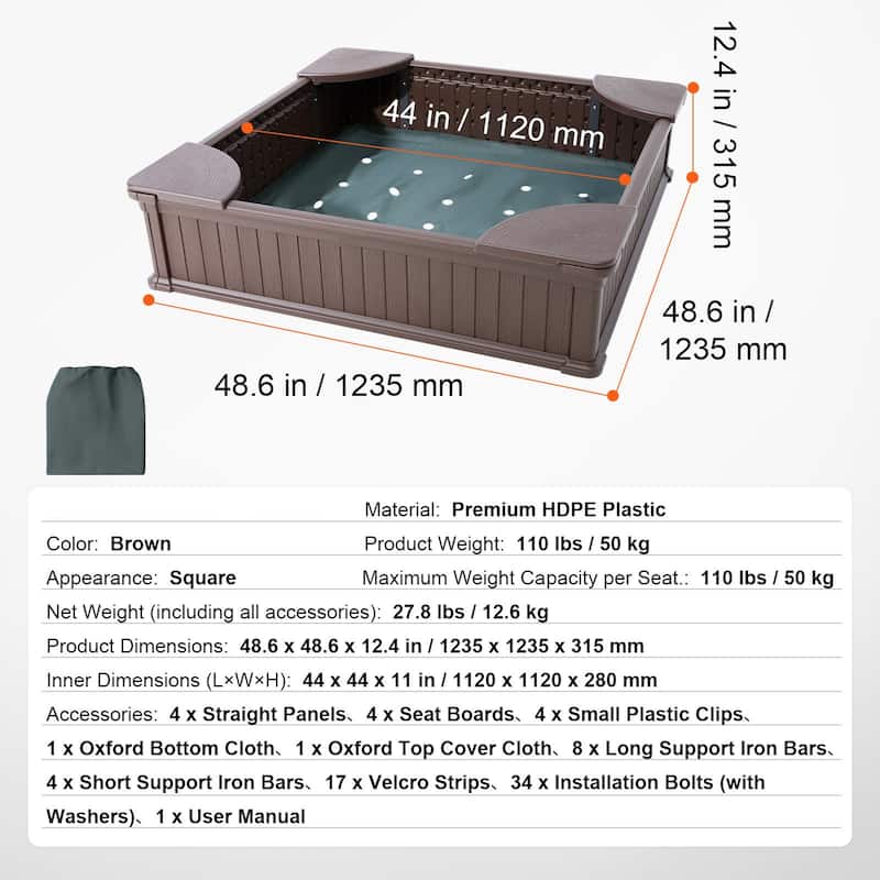 HDPE Square Sand Box with 4 Corner Seating and Bottom Liner Ideal for Kids - 48.6” x 48.6” x 12.4”