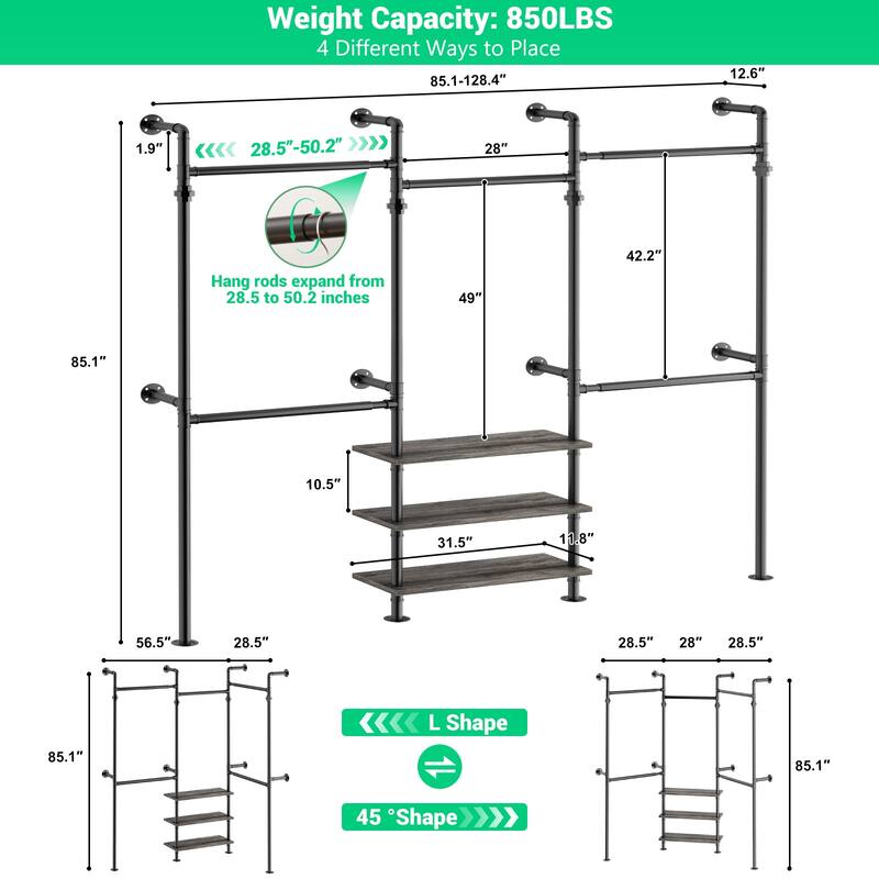 Industrial Pipe Garment Rack with Expandable Hanging Rods and Shelves,Reversible Walk-in Closet Organizer System Clothing Rack