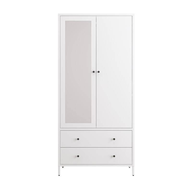 Metal Armoire Wardrobe Closet with 2 Drawers,Mirror Door and Hanging Rod