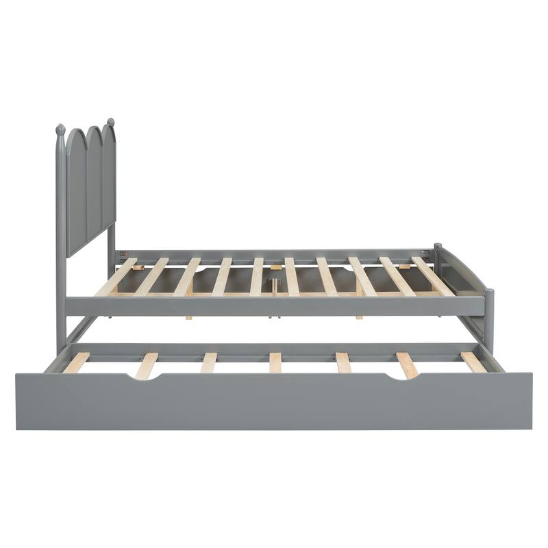 Queen Size Bed Frame with Twin XL Size Trundle and 2 Big Drawers, Wooden Platform Bed with Headboard and Slats Support