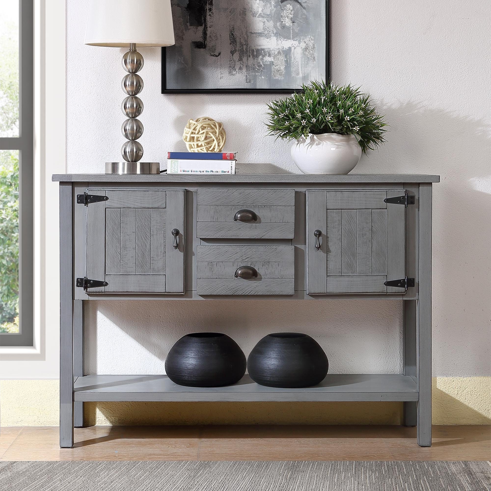 48 Solid Wood Sideboard Console Table with 2 Drawers and Cabinets and Bottom Shelf Storage Dining Buffet Server Cabinet Antique White