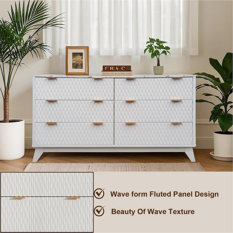 Bedroom Chest of Dresser Wood, 54" Drip Pattern Six-Drawer Chest with Faux Marble Top, Wide Wood Farmhouse Dresser