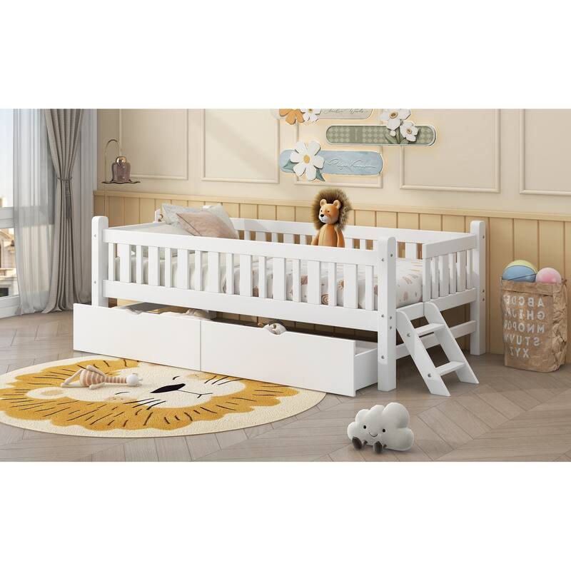 GDFStudio - Wood Twin Platform Bed with Guardrail, Drawers and Storage