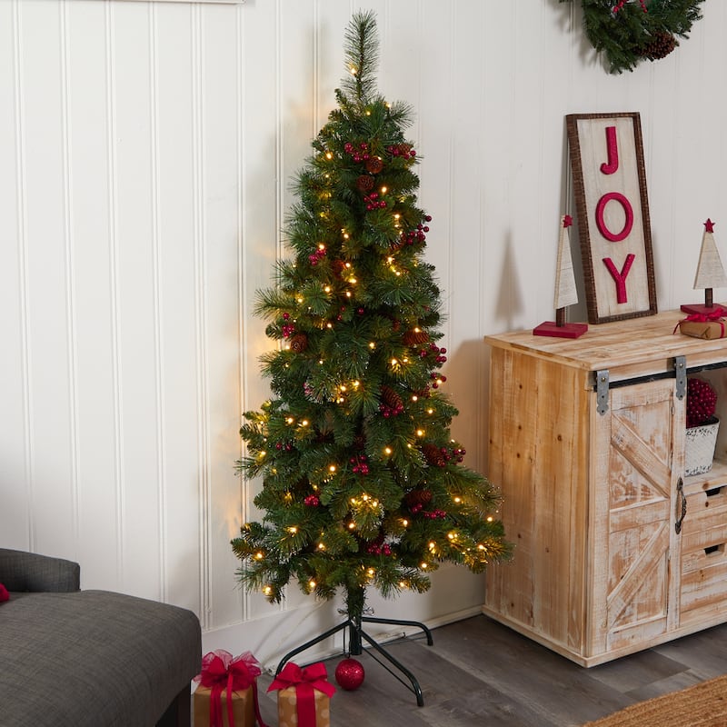 5ft. Flat Back Pine Artificial Christmas Tree with Pinecones, Berries & 110 Warm White Lights - Space-Saving Holiday X-Mas Tree