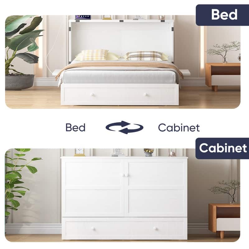 Mixoy Murphy Bed with Mattress,Modern Cube Foldable Cabinet Bed with Charging Station