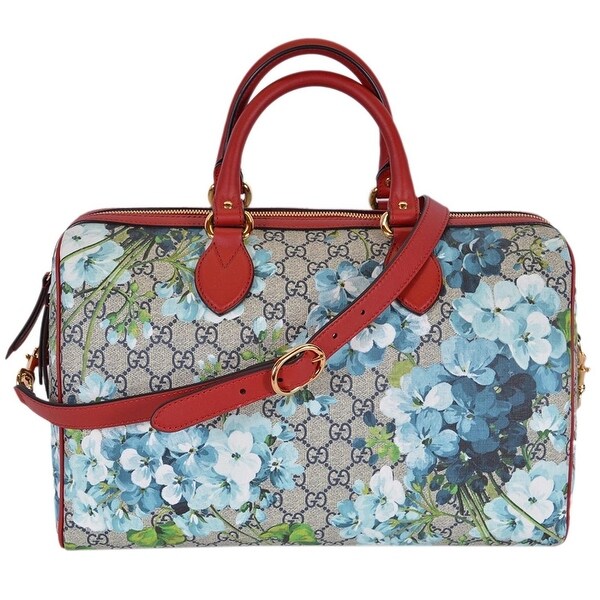 Shop Gucci Unisex Beige / Blue GG Coated Canvas Medium Bloom Boston Top Handle Bag 409527 8492 ...