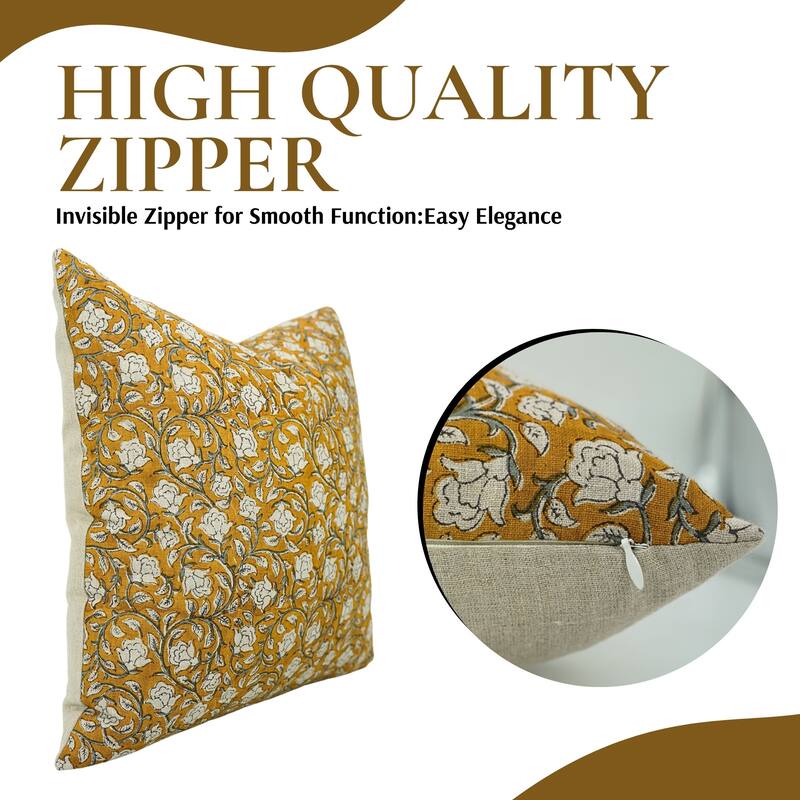 Fabdivine Brown Cozy Plush Hand Block Floral Pure Linen Pillow Cover