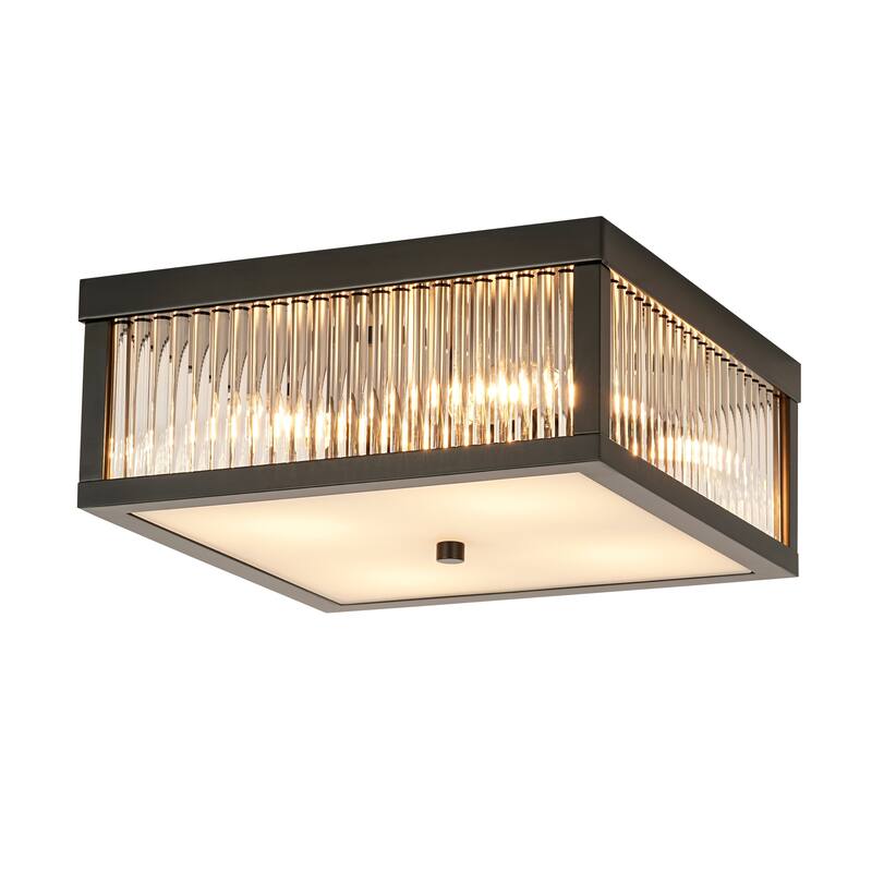 12.2 in. 4-Light Industrial Black/Gold Square Flush Mount Ceiling Light with Clear Glass Rods