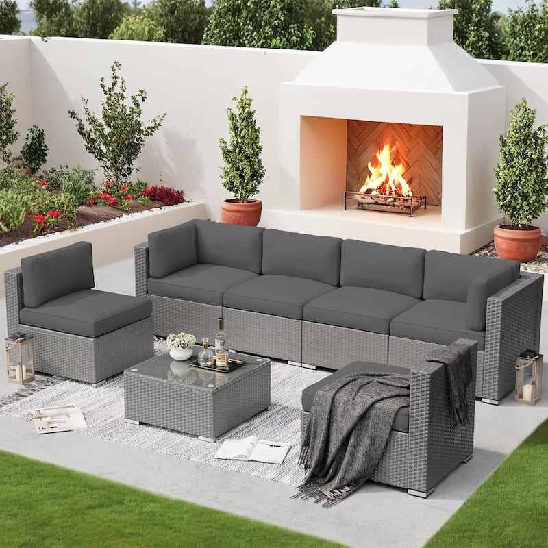 7-piece Outdoor Patio Grey Wicker Rattan Cushioned Sectional Sofa Conversation Set