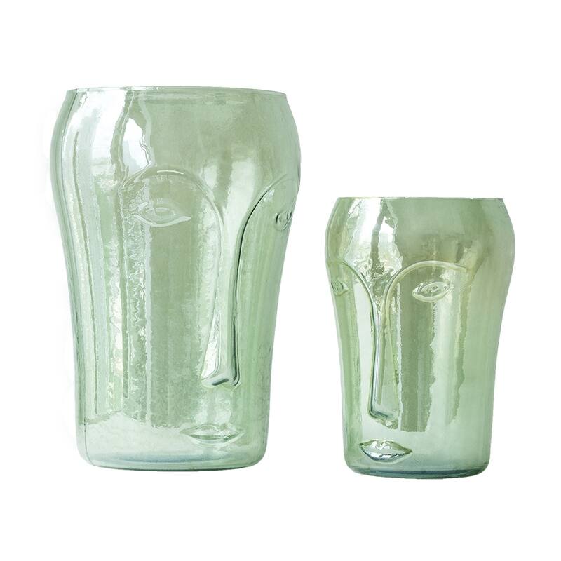 Decorative Glass Vases Set of 2 with Face Motifs Green Artisan Crafted