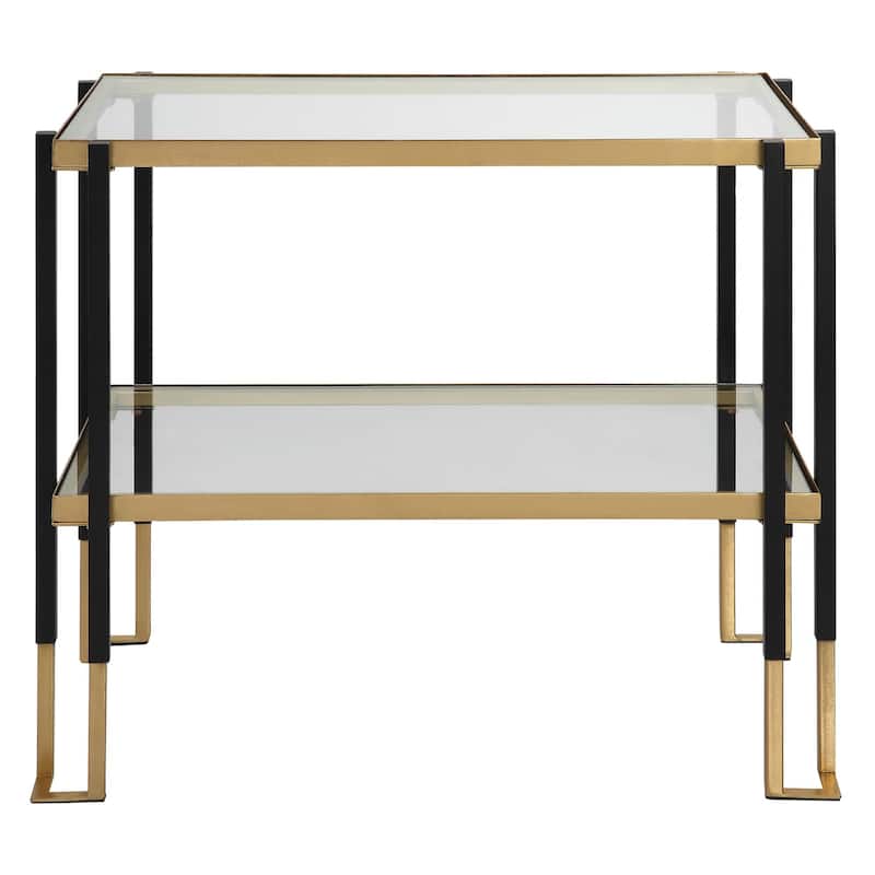 27.75" Black and Gold Rectangular Side Table with Glass Top