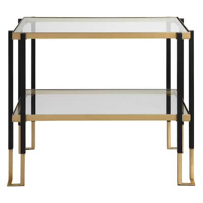 27.75" Black and Gold Rectangular Side Table with Glass Top