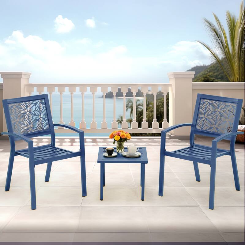 Outdoor Patio Set, Weatherproof Iron Bistro Table & Chairs, Floral Back Design, Space-Saving（Green/ Blue/ Yellow/ Black）