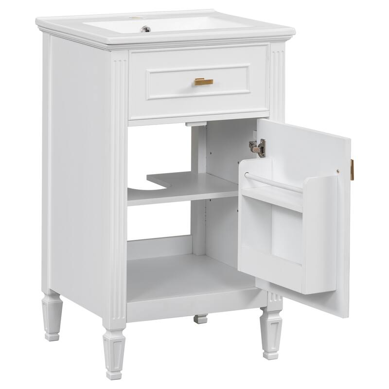 20-Inch Bathroom Vanity With Sink, Solid Wood Legs, Adjustable Shelf, Tilt-Out Drawer, Modern Freestanding Cabinet