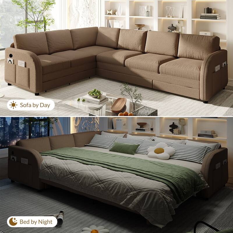 115" L-Shaped Sectional with Pull-Out Bed, USB Ports & Side Pockets, King Size Upholstered Bed