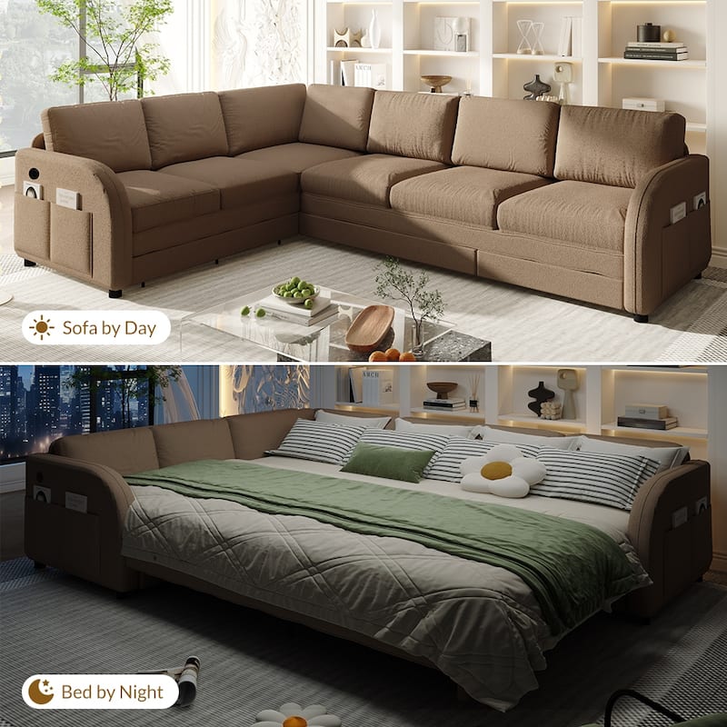 Sectional Sleeper Sofa with Pull Out Bed, Convertible Teddy Fabric Couch with Side Pockets & USB Ports, L Shaped Modular Couches
