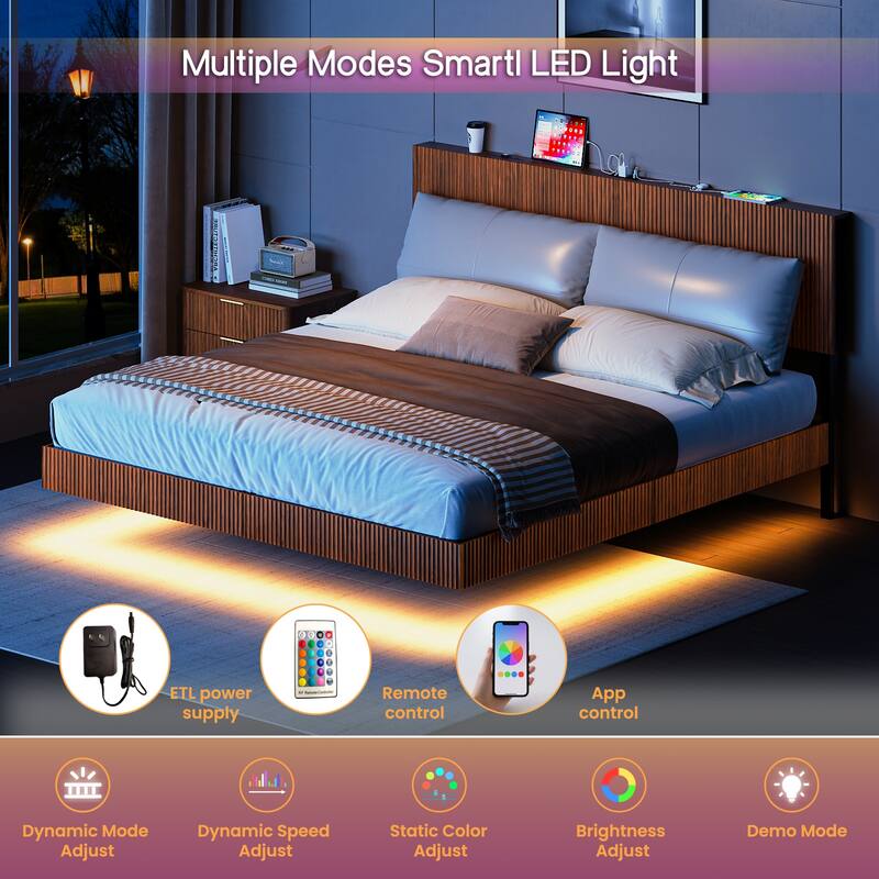 King Floating Bed Frame with LED Lights and Charging Station, Wavy Headboard, No Box Spring Needed