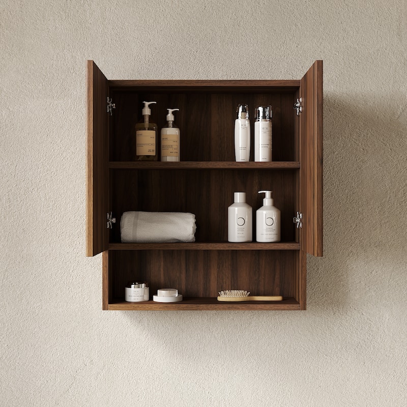26" Wall-Mounted Striped Bathroom Cabinet, with Doors, Shelf and Open Storage - Walnut