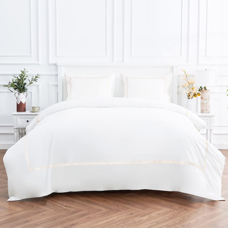 Cotton Percale Hotel Border Piping Ivory Duvet Cover Set