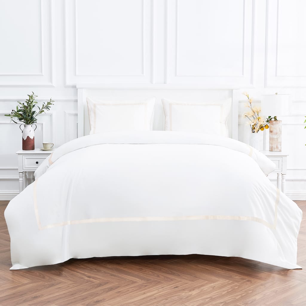 Cotton Percale Hotel Border Piping Ivory Duvet Cover Set