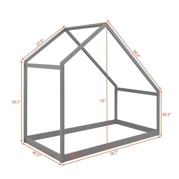 Wooden Twin Bed Frames w/Roof, Montessori House Shaped Floor Bed for Kids Girls Boys, Sturdy Framework, Easy Assembly, No Noise