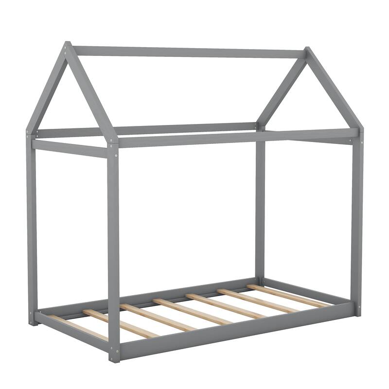 Twin Size House Floor Bed for Kids, Wooden Montessori Bed Frame w/Roof