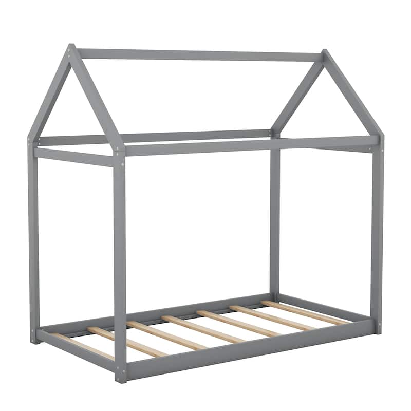 Twin Size Sturdy Durable Wooden House Bed, Wood Color
