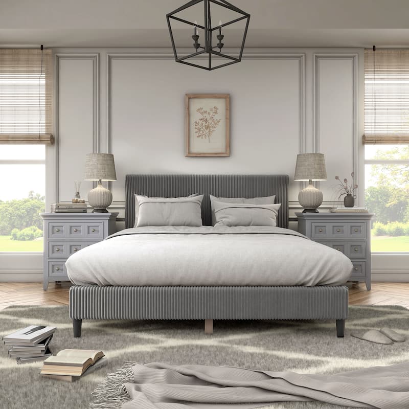 Furniture of America Modern Corduroy Queen Size Platform Bed, No Box Spring Needed - Dark Grey (Bed & Fabric Set)