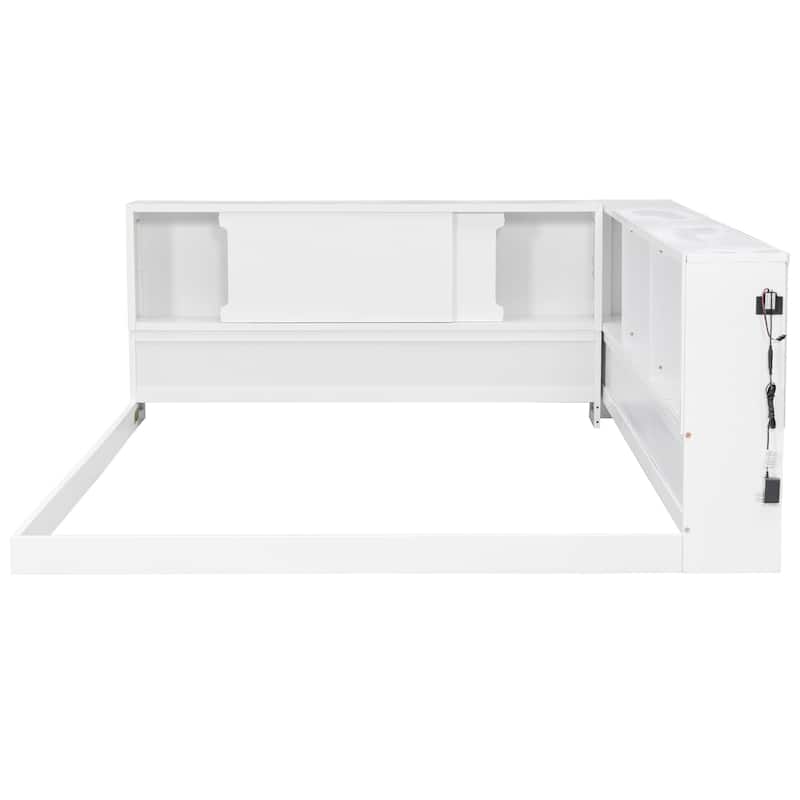 Queen L-Shape Storage Daybed with LED Shelf, Hidden Slide Cabinet & Built-In USB Power Hub by Harper&Bright Designs