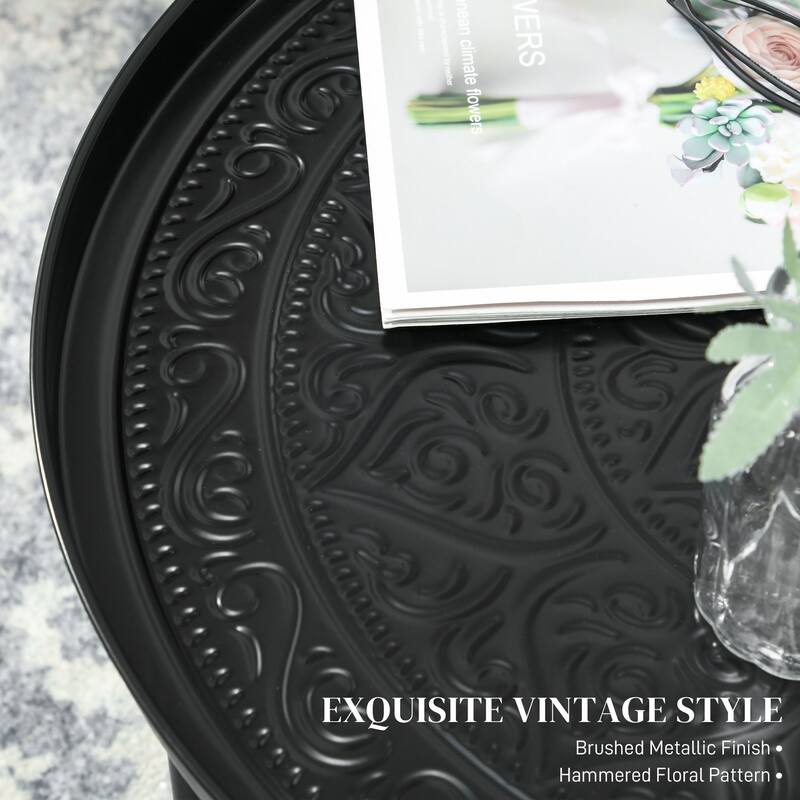 Modern Brushed Metal Coffee Table with Hammered Floral Tray and Adjustable Feet Crossbar Frame - Dia. 24”. x 15.7" H