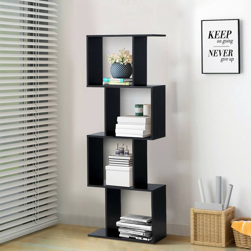 Gymax 4-tier S-Shaped Bookcase Free Standing Storage Rack Wooden - See Details